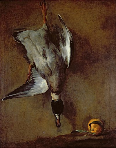 A Mallard Duck Hanging on a Wall with a Seville Orange by Jean Baptiste Simeon Chardin